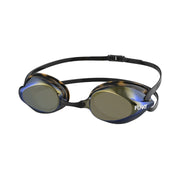 A pair of gold-tinted swimming goggles with a black double silicone head strap and a streamlined rear buckle.