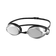 A pair of silver Funky shooting star training machine swim goggles with a black double silicone head strap and streamlined rear buckle.