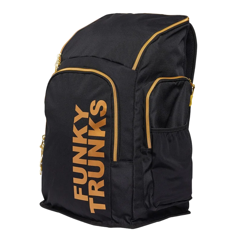 Black 'Funky Trunks' backpack with gold accents