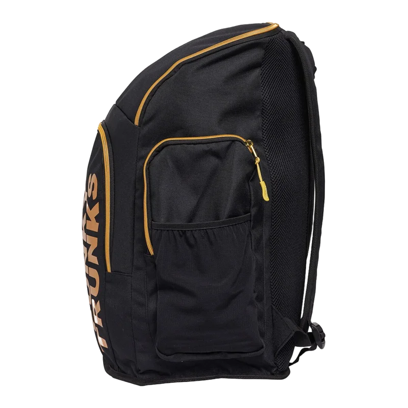 Black 'Funky Trunks' backpack with gold accents and zips side view