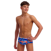 Man wearing colourful swim trunks