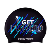 Black swim cap with 'GET FUNKD' text and Funky Trunks logo