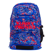 Blue and red patterned swimming backpack with 'Funky Trunks' branding