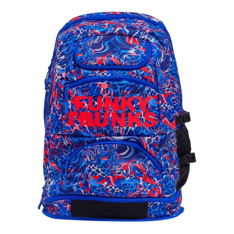 Blue and red patterned swimming backpack with 'Funky Trunks' branding