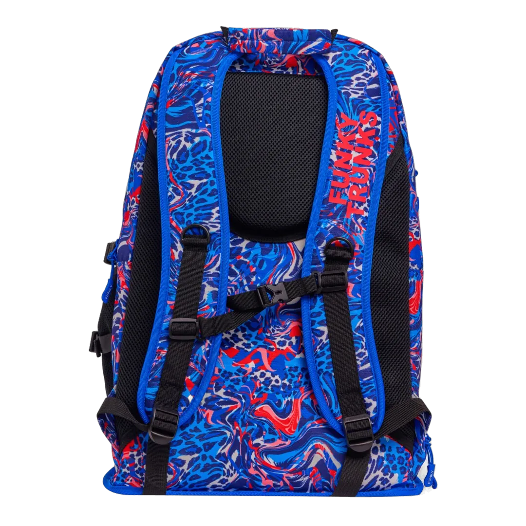 Blue and red patterned swimming backpack with 'Funky Trunks' branding backstraps
