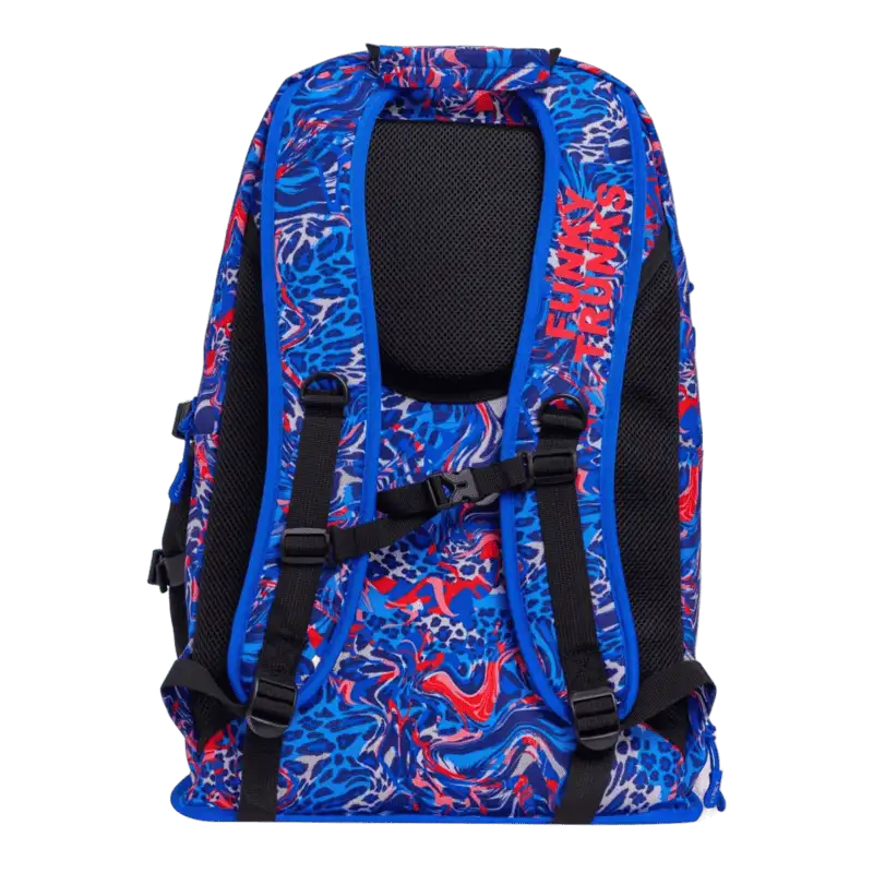Blue and red patterned swimming backpack with 'Funky Trunks' branding