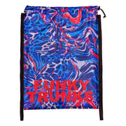 Drawstring bag with blue, red, and white abstract pattern and 'Funky Trunks' branding