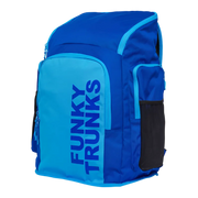 Blue backpack with 'Funky Trunks' branding on an angled view