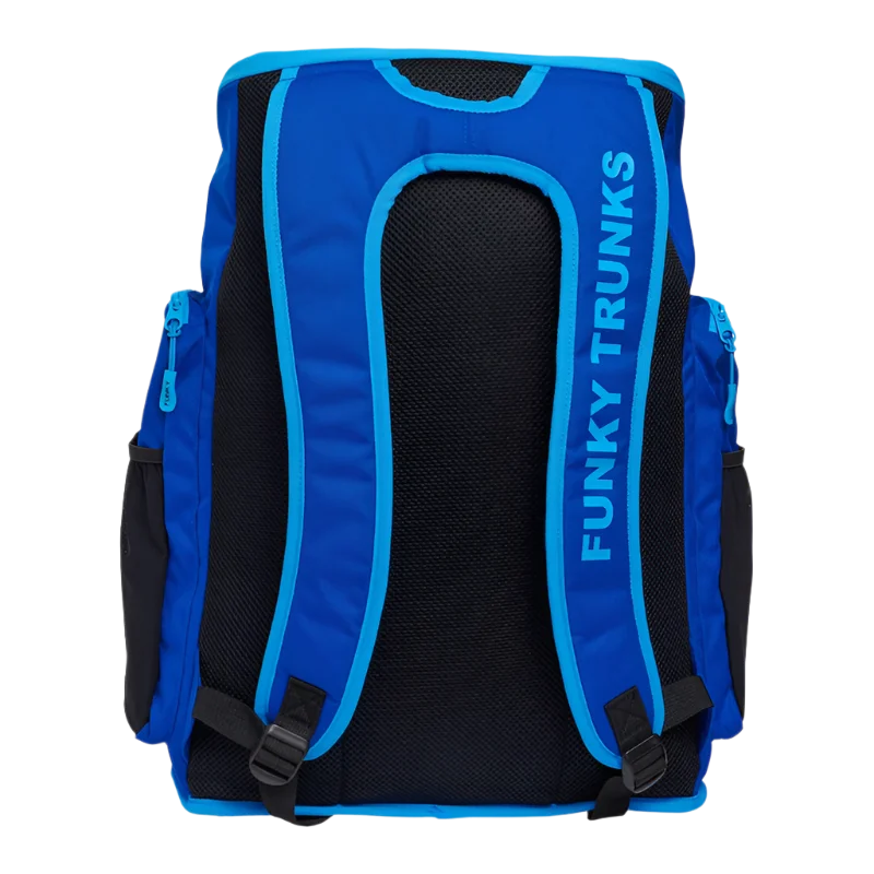 Blue backpack with 'Funky Trunks' branding back view with back straps
