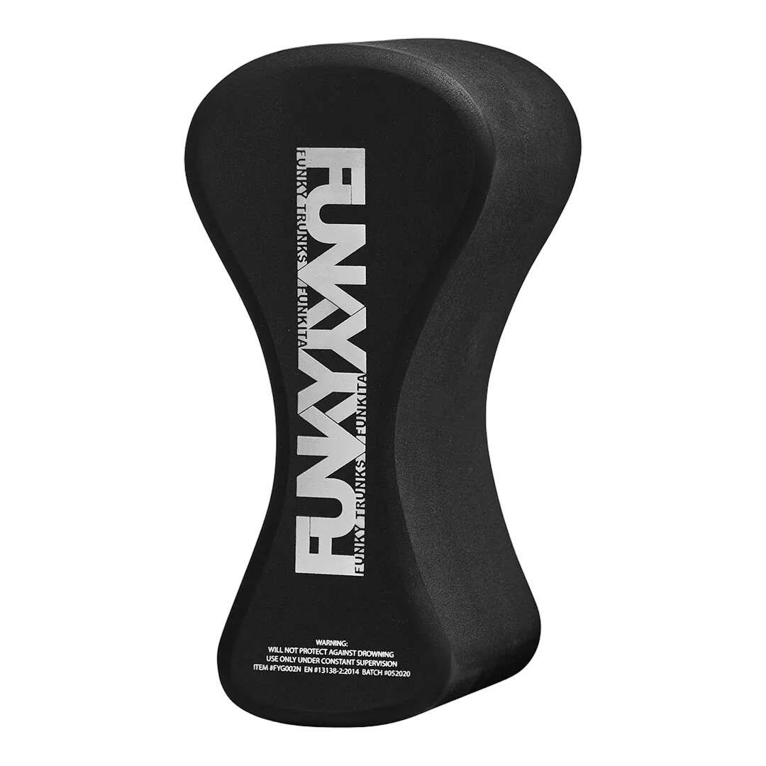 Black swimming Pull Buoy with 'Funky Trunks' branding on an angled view