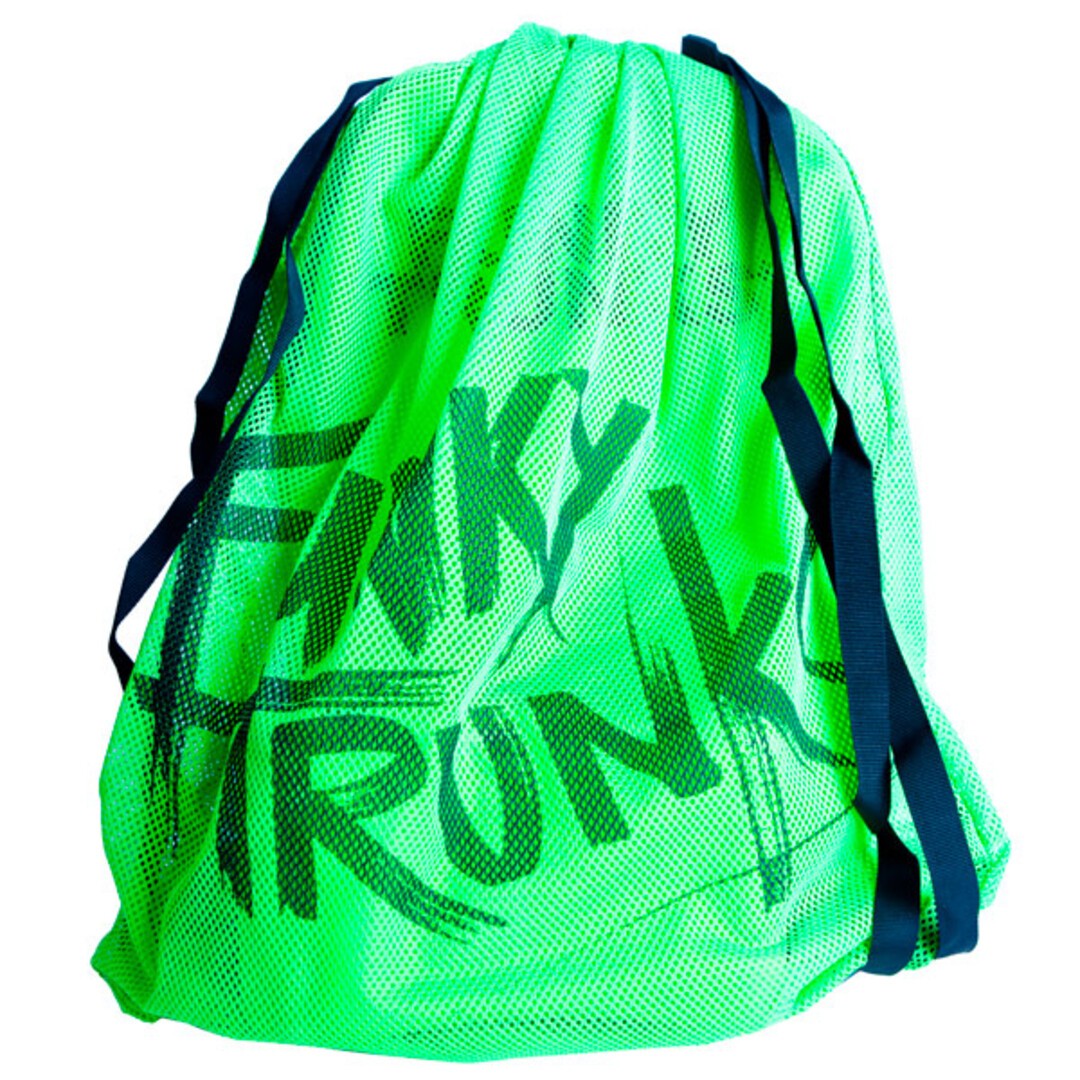 A bright green mesh gear bag  with 'Funky Trunks' written in black text across the front. The bag has black drawstrings and shoulder straps and contains a Funky Trunks kickboard.