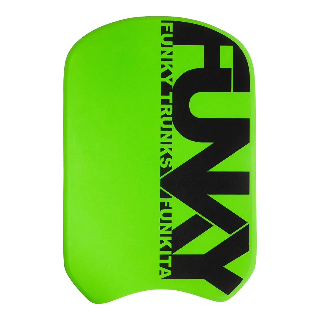 Green and black swimming kickboard with 'Funky Trunks' branding top view