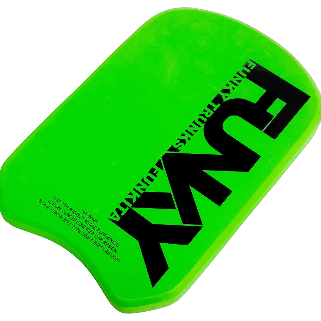 Green and black swimming kickboard with 'Funky Trunks' branding bottom view