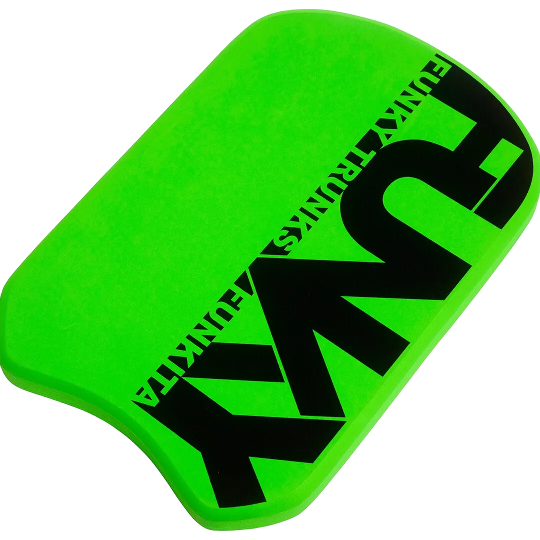 Green and black swimming kickboard with 'Funky Trunks' branding top angled view