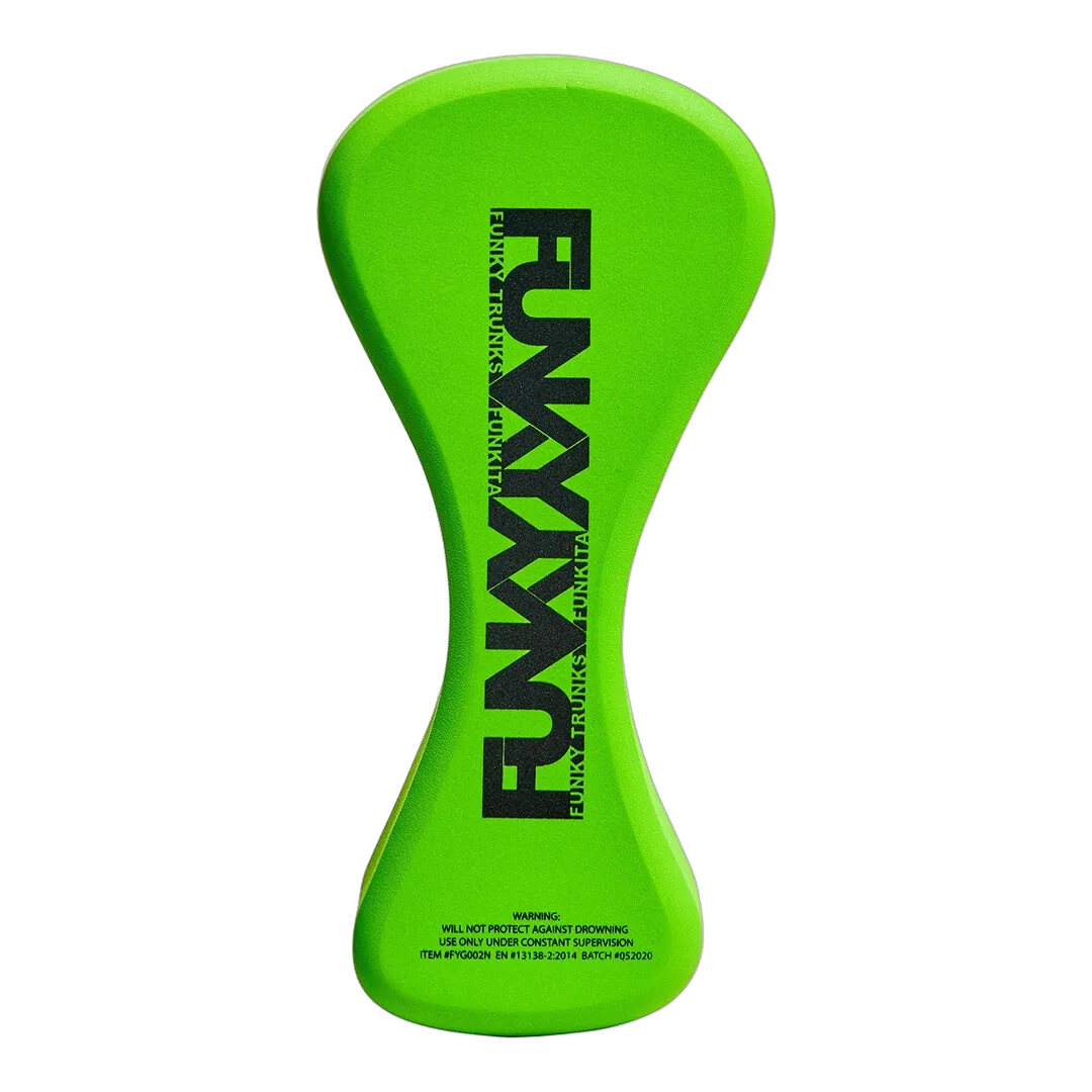 Fluoro Green swimming Pull Buoy with 'Funky Trunks' branding