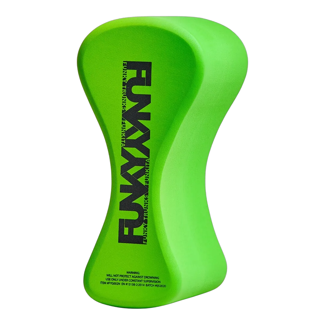 Fluoro Green swimming Pull Buoy with 'Funky Trunks' branding on an angled view