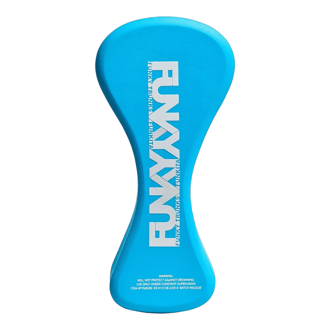 Blue swimming Pull Buoy with 'Funky Trunks' branding