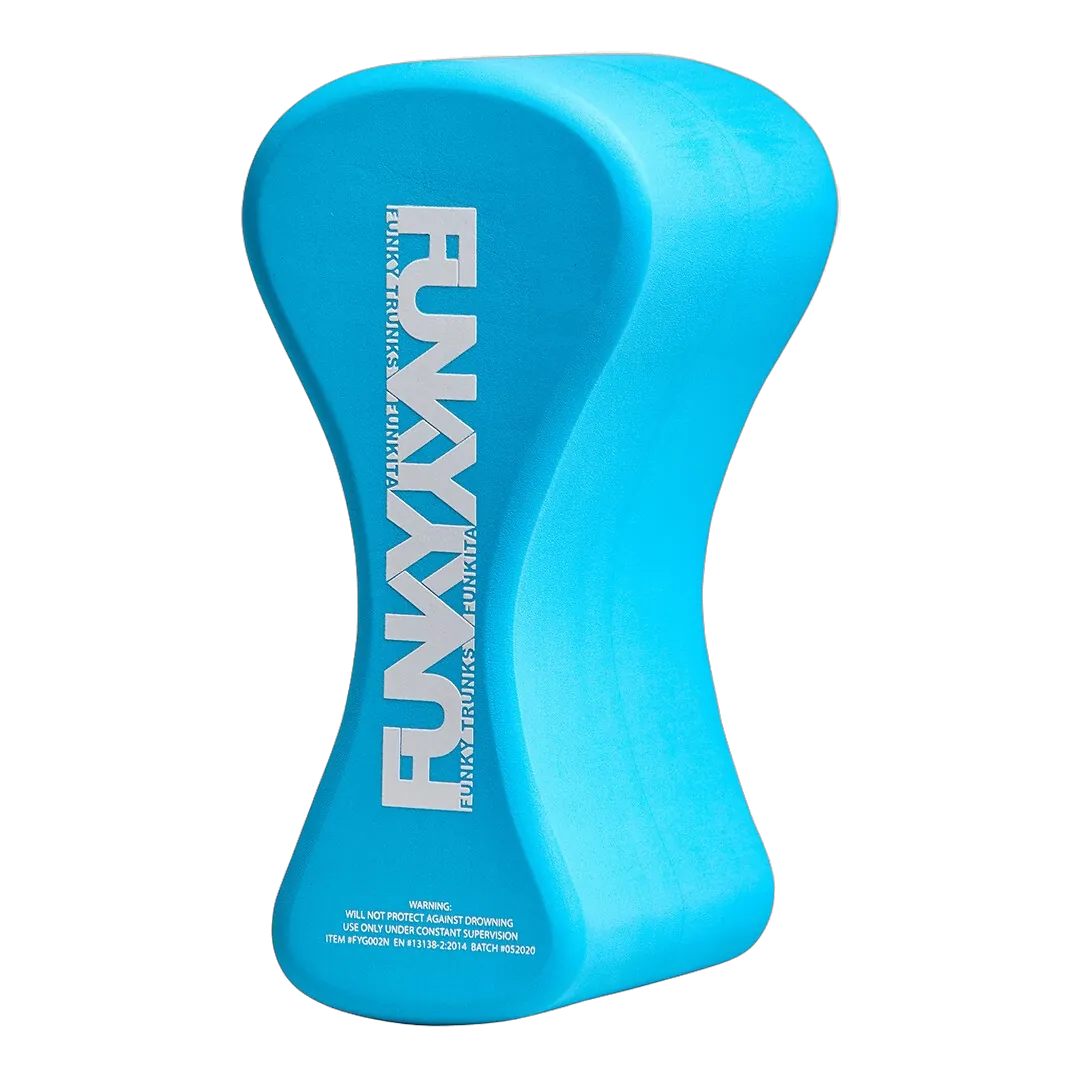 Blue swimming Pull Buoy with 'Funky Trunks' branding on an angled view