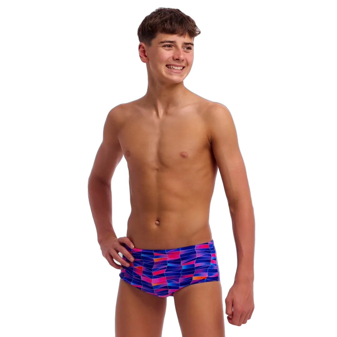 Young man wearing colourful swim trunks from 'Funky Trunks'