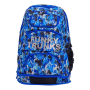 Blue patterned backpack with 'Funky Trunks' branding
