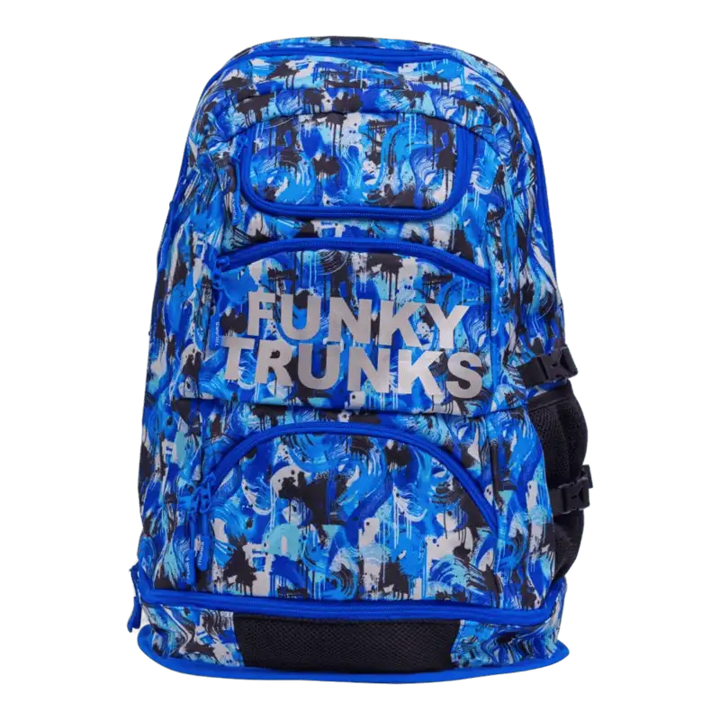Blue patterned backpack with 'Funky Trunks' branding