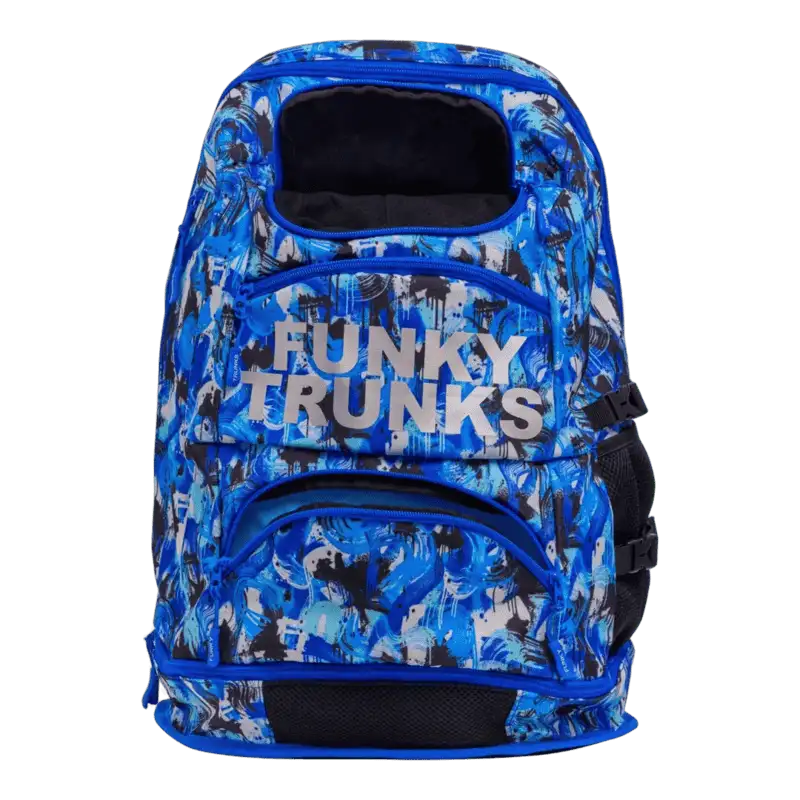 Blue and black patterned pet backpack with 'Funky Trunks' branding with all pockets opened