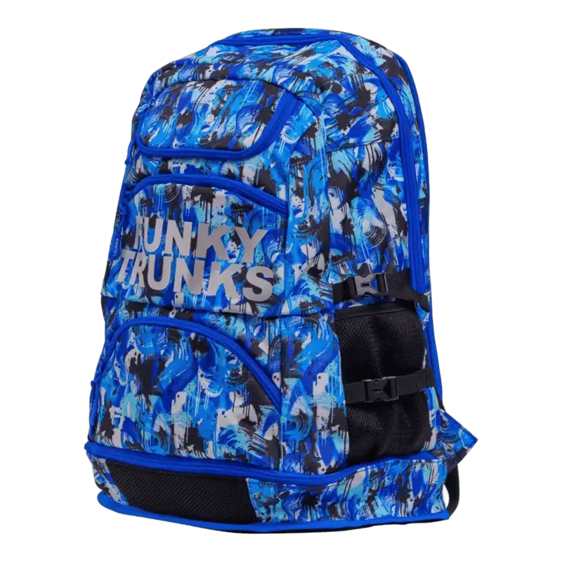 Blue patterned backpack with 'Funky Trunks' branding
