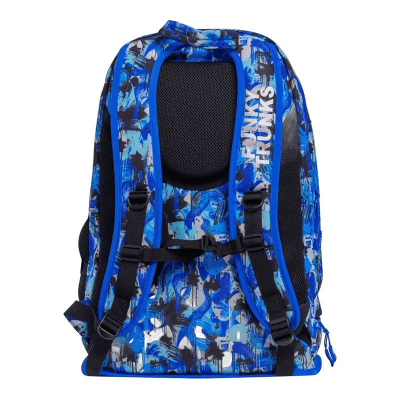 Blue and black patterned backpack with 'Funky Trunks' brand viewed with back straps