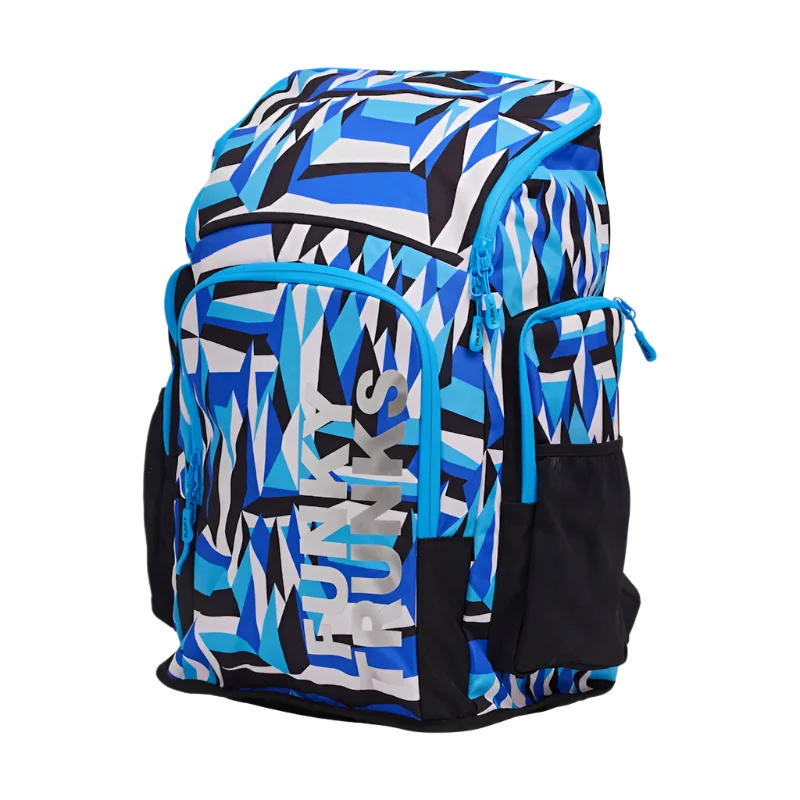 Funky Trunks swimming backpack with blue, black and white geometric pattern