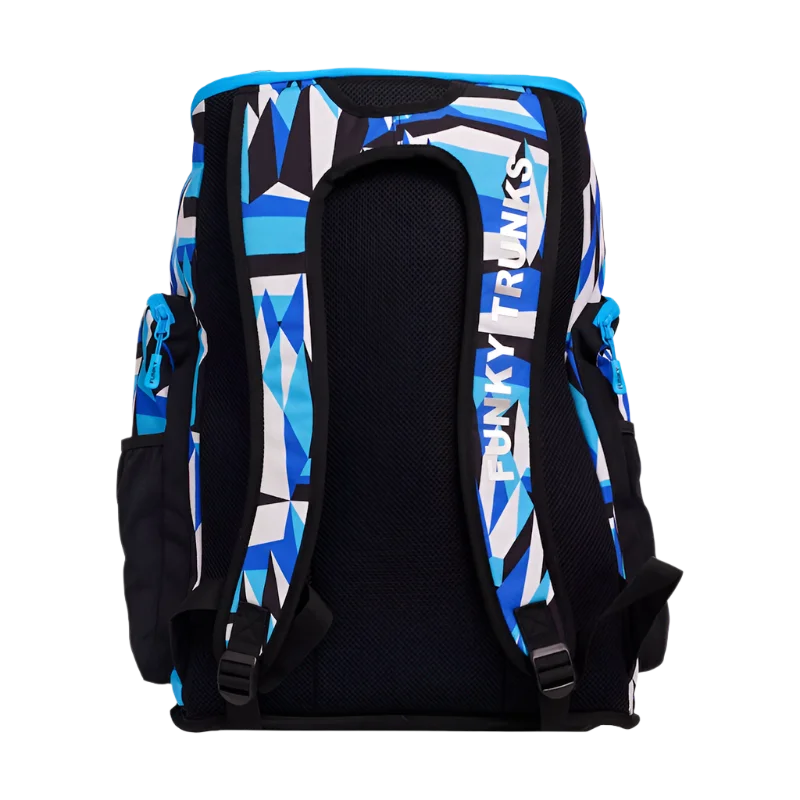 Funky Trunks swimming backpack with blue, black and white geometric pattern - back view with straps