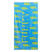 Blue towel with yellow lightning bolt pattern and 'Funky' branding on a white background
