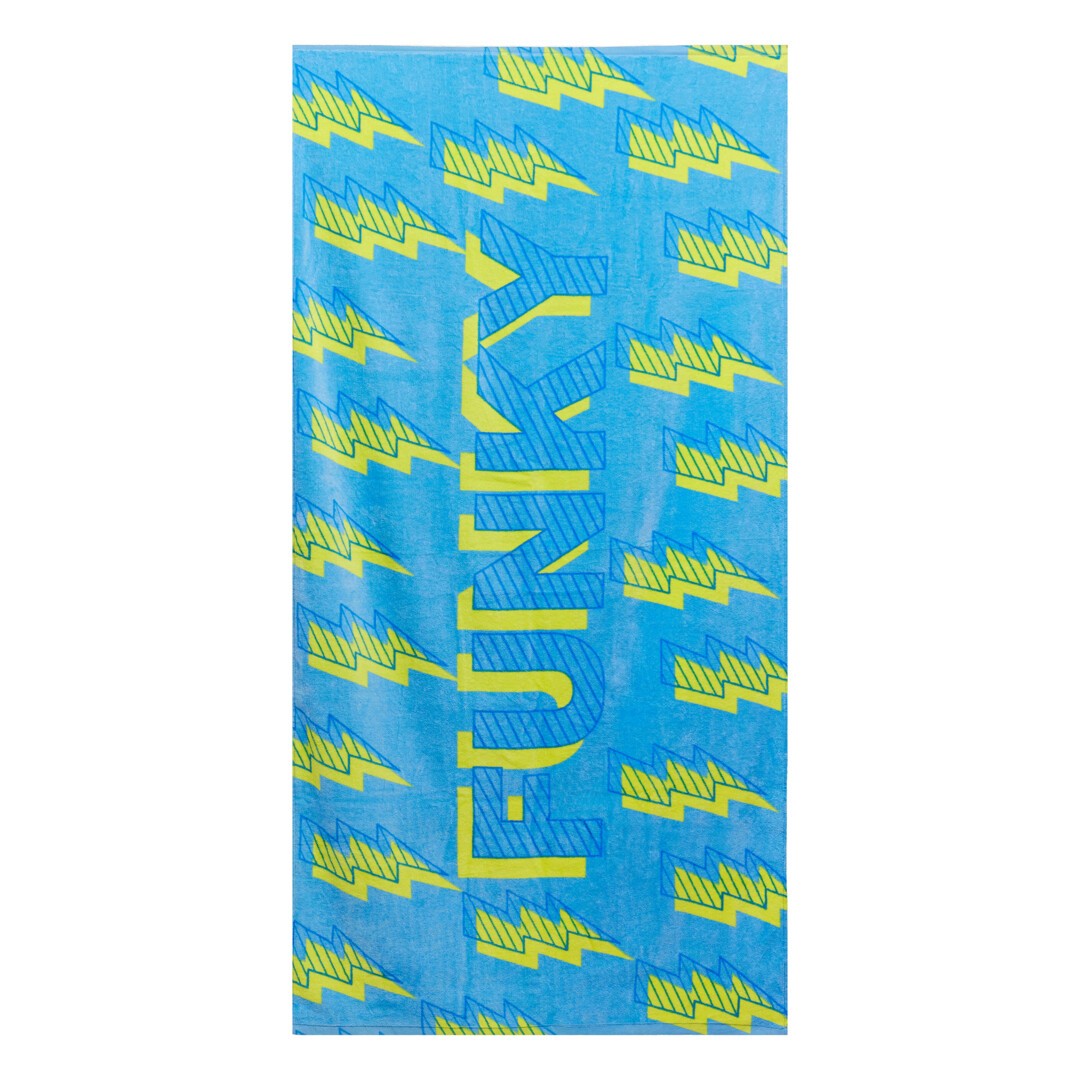 Blue towel with yellow lightning bolt pattern and 'Funky' branding on a white background