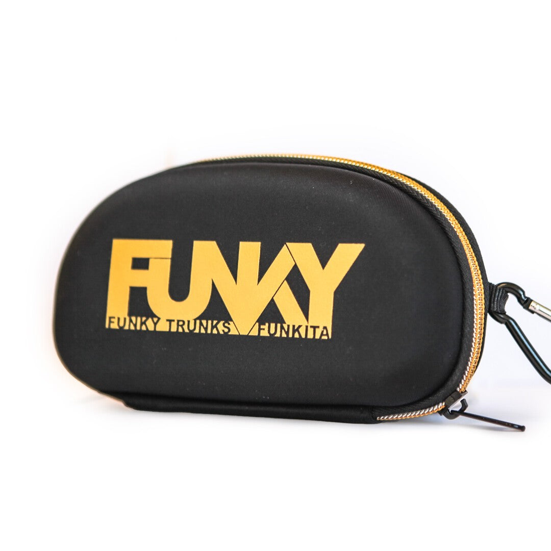 Black goggle case with gold 'Funky' text on a white background