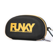 Black goggle case with gold 'Funky' text on a white background