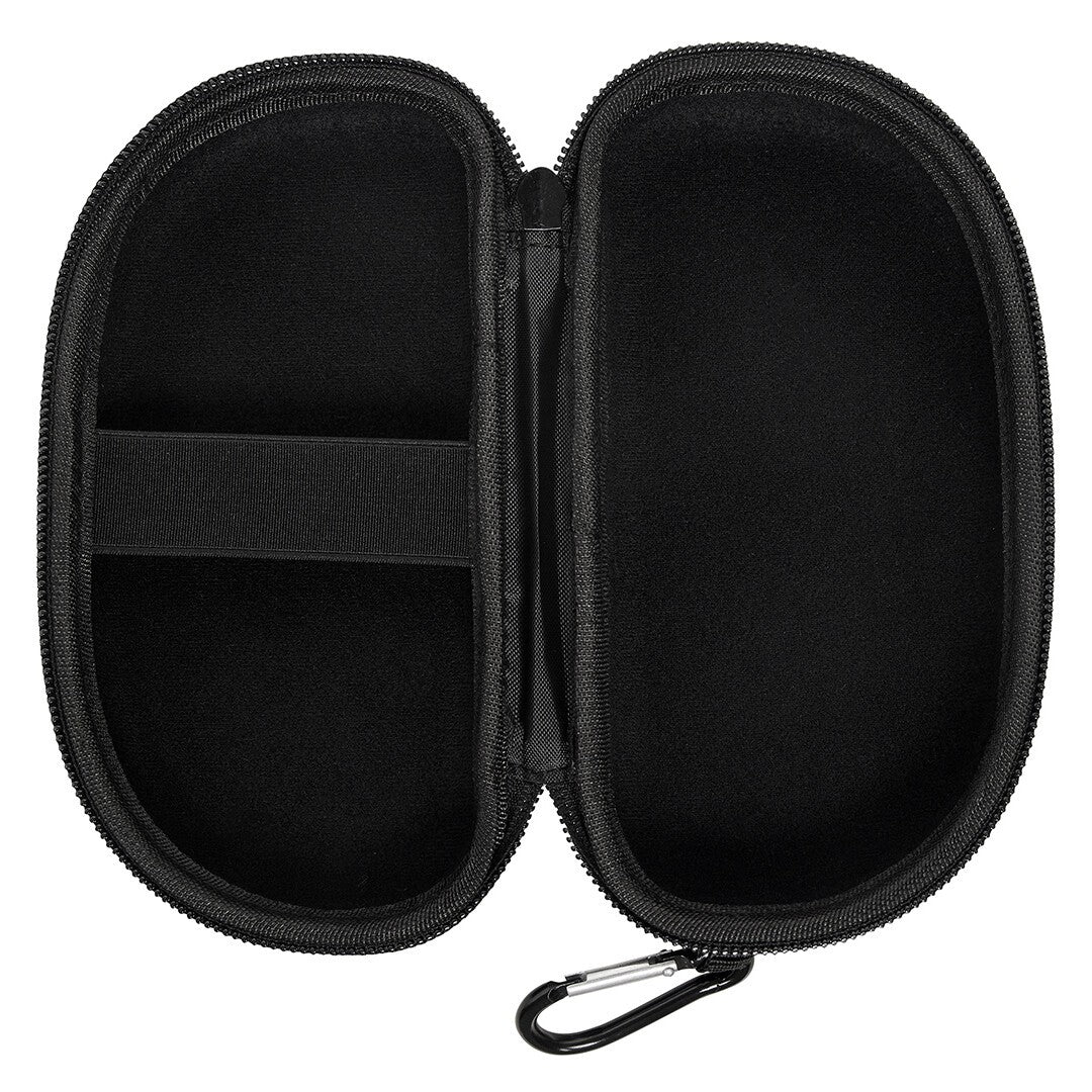 Black open goggle case with carabiner on a white background