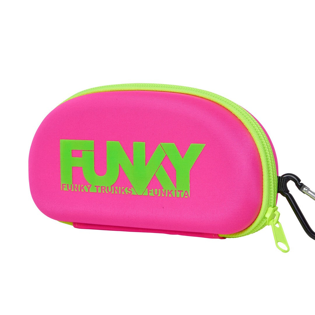 Pink and green goggle case with 'FUNKY' branding on a white background