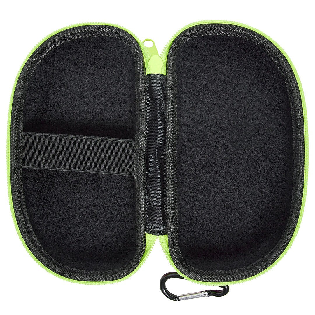 Black open goggle case with green zipper and carabiner on a white background