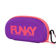 Purple goggle case with pink 'Funky' branding
