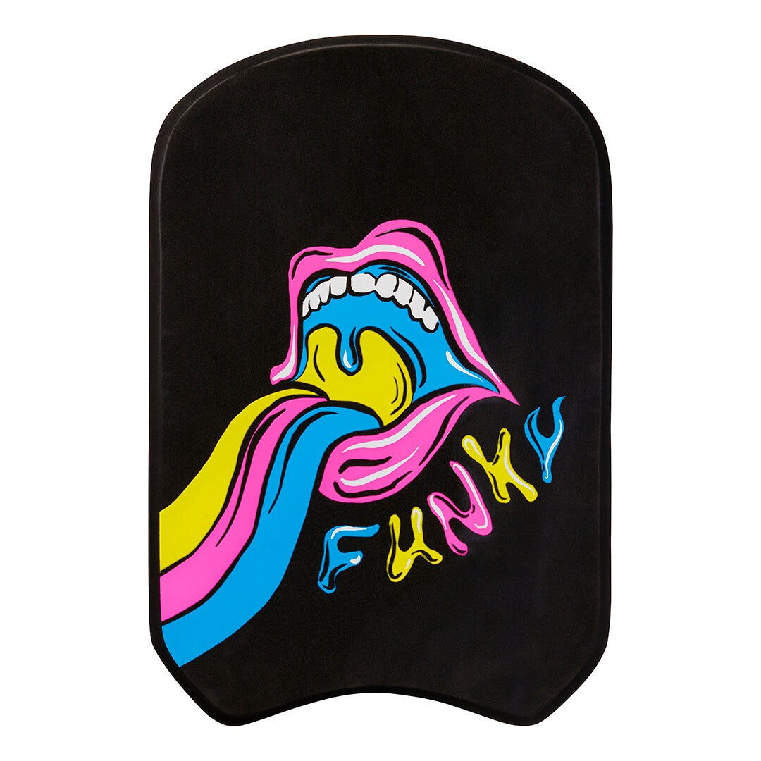 Black foam 'Funky' swimming kickboard with colourful design on a white background