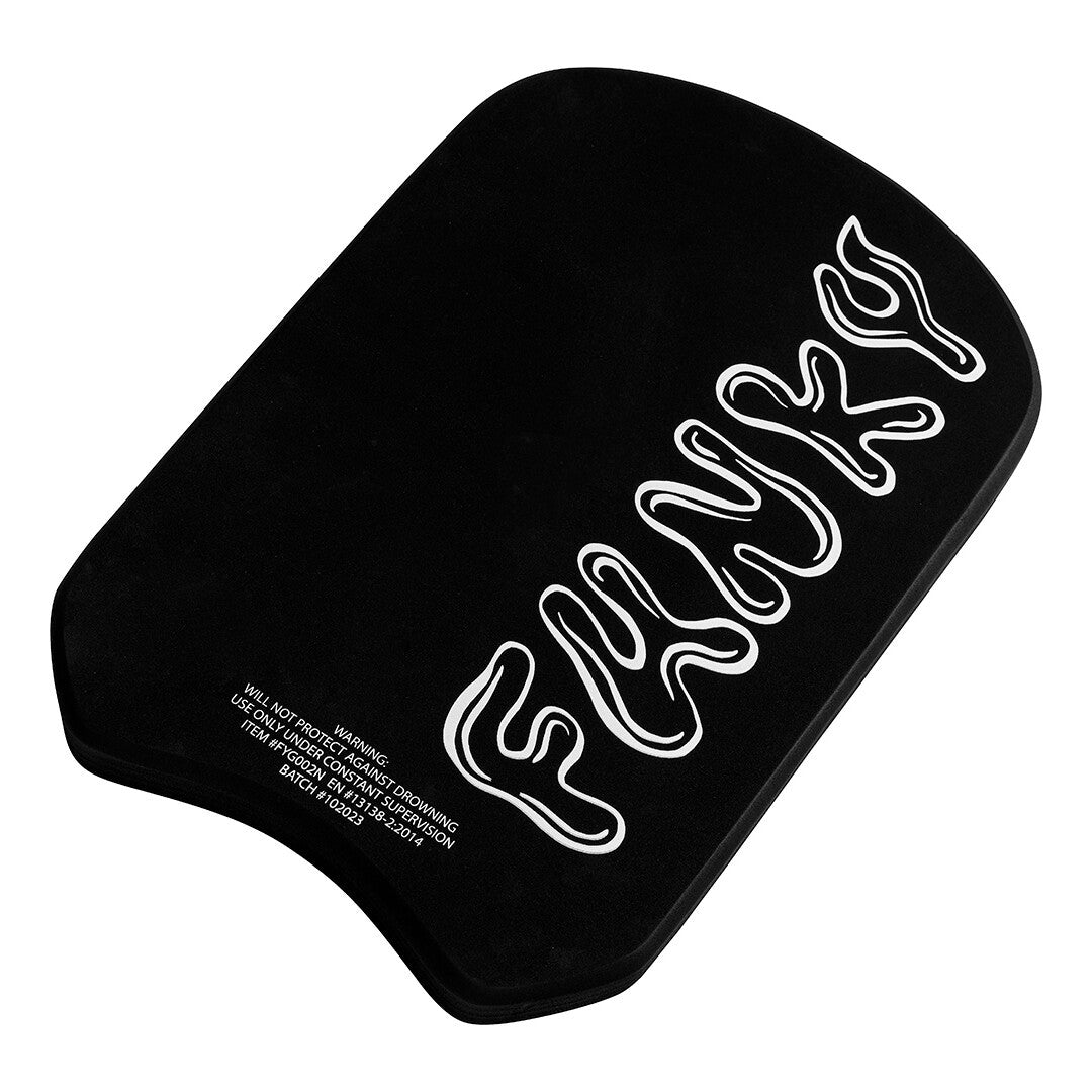 Reverse side of a black foam kickboard with white 'Funky' branding on a white background