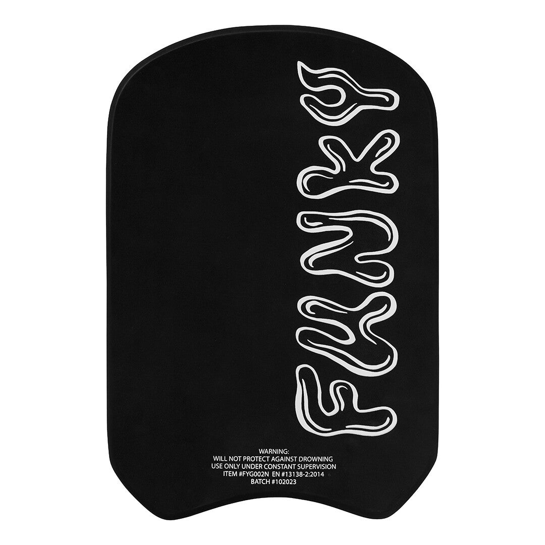 Reverse side of a black foam kickboard with white 'Funky' branding on a white background
