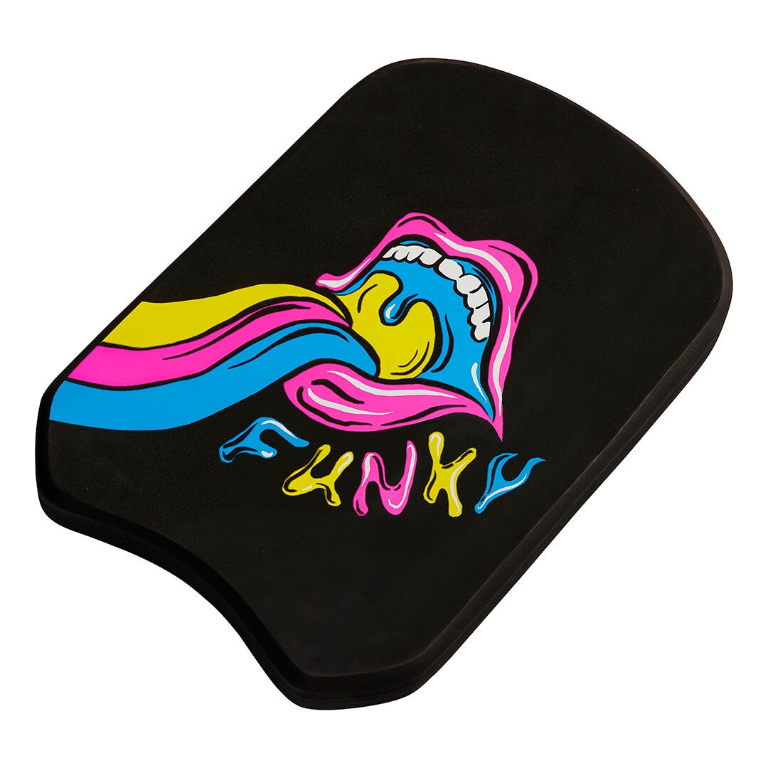 Black foam 'Funky' swimming kickboard with colourful design on a white background