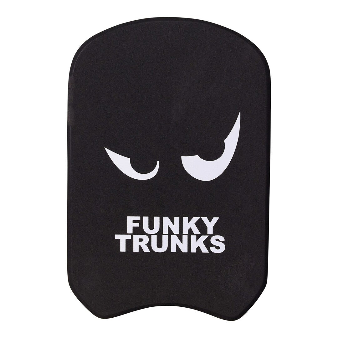 Black foam swimming kickboard with white text 'Funky Trunks' on a white background