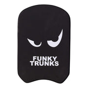 Black foam swimming kickboard with white text 'Funky Trunks' on a white background