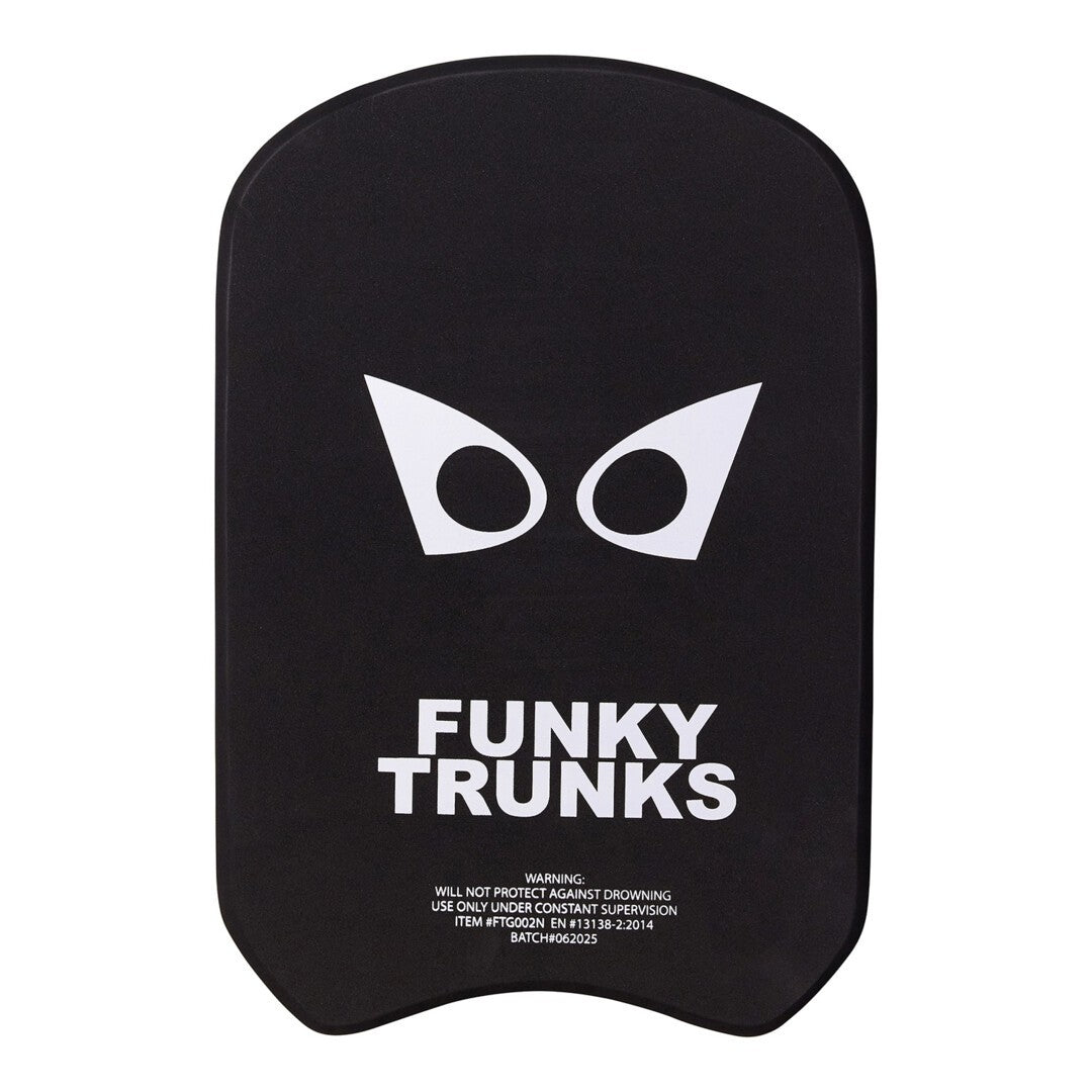 Black foam swimming kickboard with white eye design and 'Funky Trunks' text on a white background