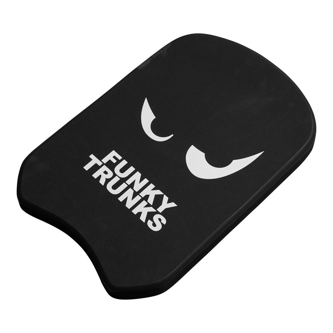 Black foam swimming kickboard with 'Funky Trunks' logo on a white background