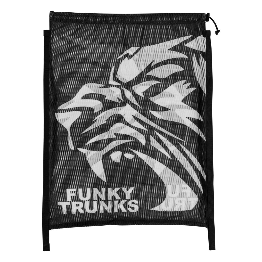 Black drawstring swimming mesh bag with lion graphic and 'Funky Trunks' branding on a white background