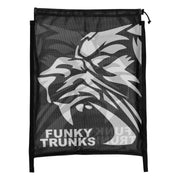 Black drawstring swimming mesh bag with lion graphic and 'Funky Trunks' branding on a white background