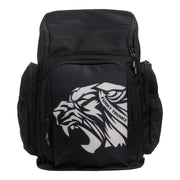 Black swimming backpack with a white tiger logo and 'Funky Trunks' text on a white background