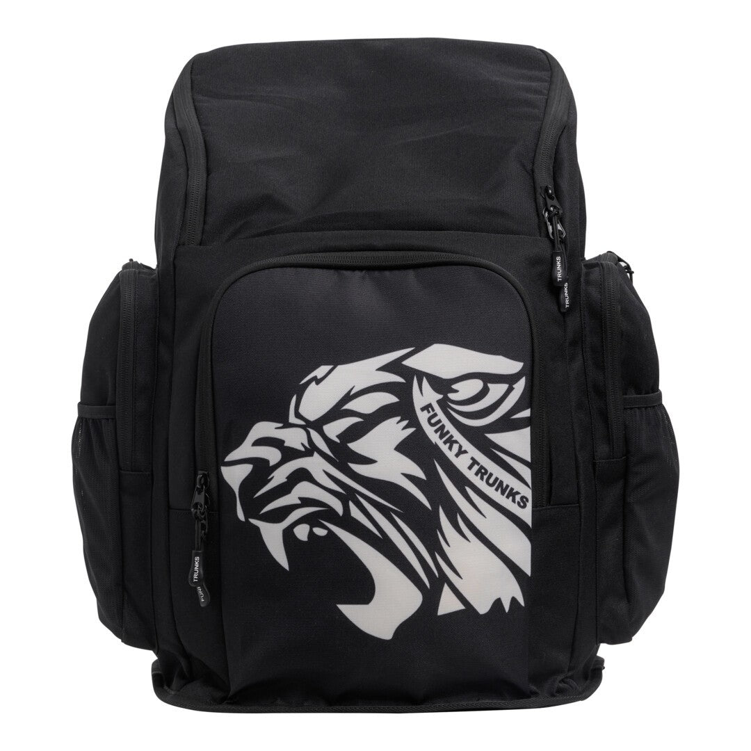 Black swimming backpack with a white tiger logo and 'Funky Trunks' text on a white background